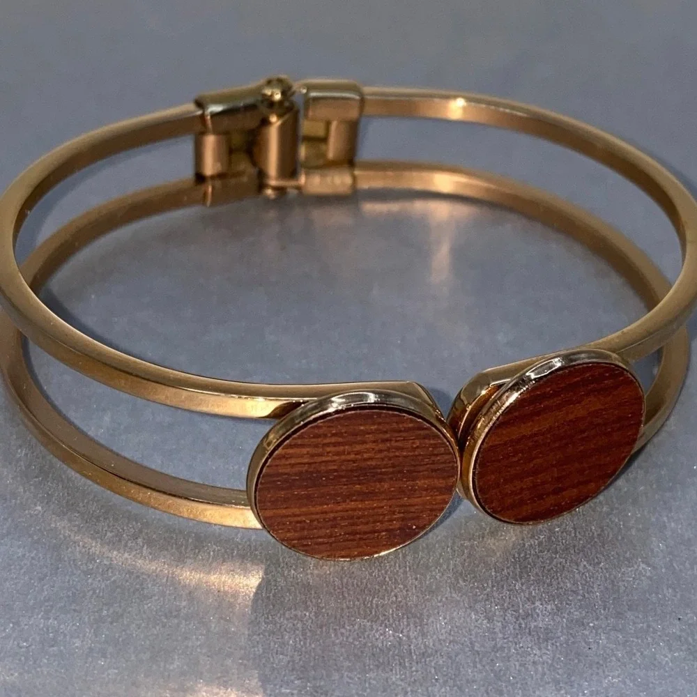 Woodstone Boho Rose Gold Genuine Wood Bracelet Minimalist Cuff Bangle NIB Chic